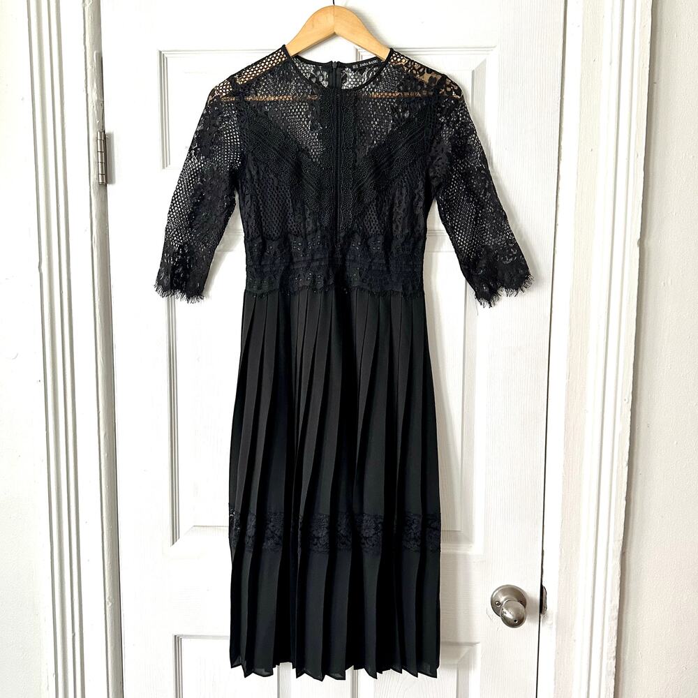 Zara Dress Womens S Black Lace Pleated Midi Goth